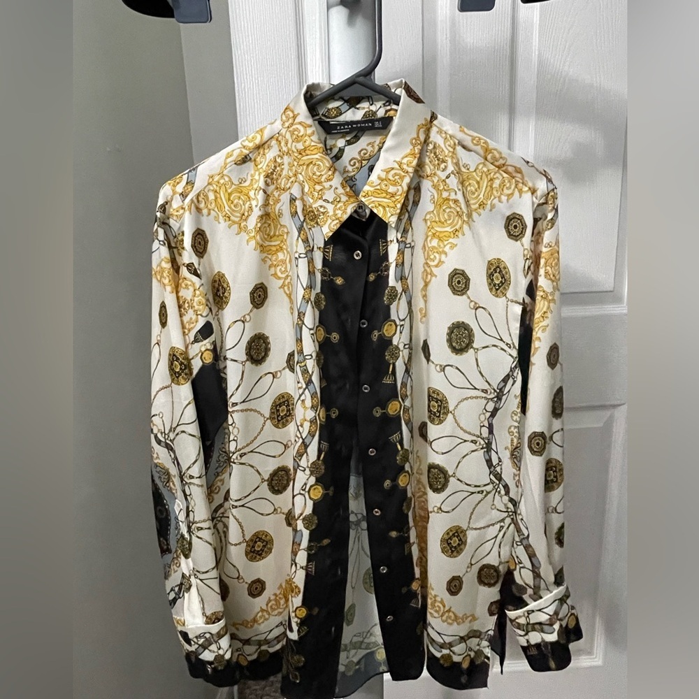 Zara Woman Gold and Black Baroque Chain Print Blouse Size S